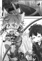  1boy 1girl abec animal_ears arm_strap asymmetrical_sleeves black_hair blush bow_(weapon) breastplate cat_ears cat_tail closed_eyes collarbone eyebrows_visible_through_hair greyscale hair_between_eyes hair_ribbon highres kirito_(sao-alo) midriff monochrome navel novel_illustration official_art open_mouth ribbon shinon_(sao-alo) short_hair_with_long_locks short_shorts shorts stomach sweatdrop sword_art_online tail tail_grab weapon 