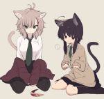  ... 2girls :t ahoge animal_ears antenna_hair bangs beige_background black_hair black_legwear black_skirt blush breasts brown_eyes cardigan cat_ears cat_girl cat_tail closed_mouth clothes_down collared_shirt eyebrows_visible_through_hair green_eyes green_neckwear hair_between_eyes hair_ornament hairband hairband_removed kneehighs light_brown_hair long_sleeves looking_at_viewer medium_breasts multiple_girls natsuki_teru necktie nekomiya_ryuu original pantyhose pleated_skirt pout school_uniform shikibe_ayaka shirt short_hair_with_long_locks sidelocks simple_background sitting skirt sleeves_past_wrists slit_pupils spoken_ellipsis tail wariza white_shirt x_hair_ornament 