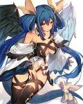  1girl asymmetrical_wings bare_shoulders black_legwear blue_hair blush bow breasts choker closed_mouth detached_sleeves dizzy guilty_gear hair_between_eyes large_breasts long_hair long_sleeves looking_at_viewer oro_(sumakaita) red_eyes revealing_clothes smile solo tail tail_bow thigh-highs twintails very_long_hair wide_sleeves wings 