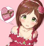  1girl arms_behind_back bangs bare_shoulders blush brown_hair collarbone commentary_request dress flower frills green_eyes hair_flower hair_ornament hairband heart-shaped_box idolmaster idolmaster_cinderella_girls jewelry looking_at_viewer maekawa_miku necklace open_mouth pink_background red_dress short_hair solo swept_bangs takeashiro thought_bubble wavy_mouth 