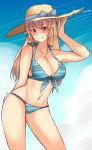  1girl absurdres bikini blonde_hair blue_bikini blush breasts cleavage closed_mouth contrapposto cowboy_shot hat highres large_breasts long_hair looking_at_viewer nakiri_erina nas_(z666ful) navel shokugeki_no_souma smile solo stomach straw_hat sun_hat swimsuit violet_eyes 