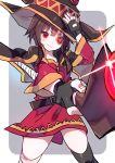  1girl absurdres bandage bandaged_leg belt black_gloves black_hair black_legwear cape capelet collar dress eyepatch fingerless_gloves gloves hat highres holding holding_staff kneesocks_senritsu kono_subarashii_sekai_ni_shukufuku_wo! megumin mismatched_legwear red_dress red_eyes short_hair_with_long_locks single_thighhigh staff thigh-highs witch_hat 