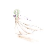  1girl bangs bob_cut bouquet closed_eyes colored_skin commentary flower from_side full_body gardevoir green_hair green_skin highres holding holding_bouquet misa_(pixiv_27456570) multicolored_skin petals pokemon pokemon_(creature) profile purple_flower short_hair simple_background solo standing two-tone_skin u_u white_background white_skin 