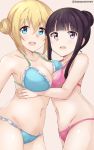  2girls :d bangs bare_arms bare_shoulders beige_background bikini blend_s blonde_hair blue_bikini blue_eyes blunt_bangs blush breasts cleavage collarbone commentary_request cowboy_shot double_bun eyebrows_visible_through_hair groin hair_between_eyes hair_bun hair_up hinata_kaho large_breasts long_hair looking_at_viewer looking_to_the_side multiple_girls navel open_mouth pink_bikini purple_hair sakuranomiya_maika sidelocks simple_background smile swimsuit tasora twitter_username violet_eyes 