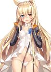  1girl animal_ears babydoll bangs blonde_hair blue_eyes blush cowboy_shot eyebrows_visible_through_hair fang g41_(girls_frontline) girls_frontline gluteal_fold hair_between_eyes hands_up heterochromia highres long_hair looking_at_viewer mechanical_arms navel open_mouth panties red_eyes simple_background smile solo thigh_gap thighs underwear very_long_hair white_background white_panties yukinoshita_(shaonjishi) 