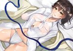  1girl breasts brown_eyes brown_hair buttons erect_nipples fundoshi hair_between_eyes highres japanese_clothes kaga_(kantai_collection) kantai_collection large_breasts long_sleeves navel open_mouth pocket shirt short_hair side_ponytail solo suika_(atelier-yuu) white_shirt 