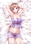  1girl armpits arms_up bare_shoulders blue_eyes blush breasts brown_hair camisole cellphone cleavage collarbone cowboy_shot groin highres kozakura_shiori large_breasts lingerie looking_at_viewer lying navel on_back original parted_lips phone shi-2 shiori_no_uso_wa_yo_no_makoto short_hair smartphone solo stomach underwear underwear_only 