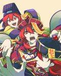  1boy 2girls breasts claw_pose cleavage fingernails fire_emblem fire_emblem:_mystery_of_the_emblem fire_emblem:_shin_ankoku_ryuu_to_hikari_no_tsurugi hair_between_eyes hair_over_one_eye halloween halloween_costume hat jewelry jiangshi jiangshi_costume large_breasts long_fingernails long_hair long_sleeves looking_at_viewer maria_(fire_emblem) mikimachi minerva_(fire_emblem) misheil_(fire_emblem) multiple_girls nail_polish necklace ofuda open_mouth pearl_necklace profile red_eyes red_nails redhead robe short_hair siblings wide_sleeves 