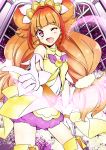  1girl ;d amanogawa_kirara brooch brown_hair cure_twinkle earrings gloves go!_princess_precure hand_on_leg jewelry long_hair low-tied_long_hair magical_girl multicolored_hair naruse_yasuhiro one_eye_closed open_mouth pointing precure quad_tails redhead skirt smile solo star star_earrings star_in_eye streaked_hair symbol_in_eye thigh-highs twintails two-tone_hair violet_eyes white_gloves zettai_ryouiki 