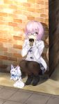  1girl 7_calpis_7 :o against_wall ankle_boots bag black-framed_eyewear black_footwear black_legwear blush boots brick_wall capelet creature cup day duffel_coat fate/grand_order fate_(series) fou_(fate/grand_order) glasses grey_skirt hair_over_one_eye highres holding holding_cup legs_together long_sleeves outdoors pantyhose paper_cup parted_lips pink_hair plaid plaid_skirt shielder_(fate/grand_order) shopping_bag short_hair signature sitting skirt squatting steam tareme violet_eyes white_coat 