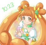  1girl brooch brown_hair chocokin choker closed_mouth cure_rosetta dated dokidoki!_precure double_bun earrings fingers_together green_neckwear jewelry long_hair looking_at_viewer magical_girl multicolored multicolored_background precure smile solo twintails upper_body yellow_eyes yotsuba_alice 