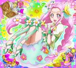  1girl :d blue_skirt book bow braid cure_felice flower full_body green_eyes green_footwear green_ribbon ha-chan_(mahou_girls_precure!) hair_flower hair_ornament hanami_kotoha hanzou hexagram high_heels leg_ribbon long_hair looking_at_viewer magical_girl mahou_girls_precure! multicolored multicolored_background open_mouth pink_bow pink_hair precure ribbon shoes skirt smile solo symbol_in_eye twin_braids wrist_cuffs 