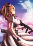  1girl breast_pocket breasts brown_hair closed_eyes dress flight_deck gun holding holding_gun holding_weapon itsuwa_(continue) kantai_collection large_breasts outdoors pocket ponytail rigging saratoga_(kantai_collection) side_ponytail sky smokestack_hair_ornament solo submachine_gun thompson_submachine_gun turret weapon white_dress 