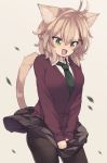  1girl :d animal_ears antenna_hair bangs beige_background black_legwear black_skirt blush cardigan cat_ears cat_girl cat_tail collared_shirt eyebrows_visible_through_hair fang green_eyes green_neckwear hair_between_eyes hair_ornament light_brown_hair long_sleeves looking_down natsuki_teru necktie nekomiya_ryuu nose_blush open_mouth original pantyhose pleated_skirt shirt simple_background skirt skirt_lift sleeves_past_wrists slit_pupils smile solo tail tears thighband_pantyhose white_shirt wind wind_lift x_hair_ornament 