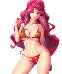  1girl aikatsu! aikatsu_stars! bikini braid breasts cleavage elza_forte eyewear_removed floral_print french_braid harihisa large_breasts lips long_hair looking_at_viewer nail_polish red_bikini red_eyes redhead side-tie_bikini simple_background solo swimsuit under_boob white_background 