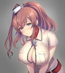  1girl blouse blue_eyes blush breast_pocket breasts brown_hair cleavage closed_mouth hair_between_eyes highres kantai_collection large_breasts leaning_forward looking_at_viewer neckerchief open_blouse open_clothes pantsu_majirou pocket ponytail red_belt red_neckwear saratoga_(kantai_collection) side_ponytail sidelocks simple_background smile solo upper_body white_blouse 