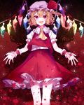  1girl artist_name ascot blonde_hair commentary_request flandre_scarlet frills hat hat_ribbon highres looking_at_viewer mob_cap open_mouth patzzi petticoat puffy_short_sleeves puffy_sleeves red_eyes red_ribbon ribbon short_sleeves side_ponytail solo touhou wings wrist_cuffs yellow_neckwear 