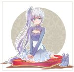  1girl blue_eyes breasts check_commentary cleavage cleavage_cutout commentary_request cushion iesupa long_hair looking_at_viewer ponytail rwby scar scar_across_eye shoes_removed sitting solo weiss_schnee white_hair 