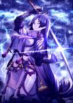  1girl bangs bodysuit breasts covered_navel fate/grand_order fate_(series) fingerless_gloves gloves holding holding_sword holding_weapon katana large_breasts loincloth long_hair looking_at_viewer low-tied_long_hair minamoto_no_raikou_(fate/grand_order) parted_bangs purple_bodysuit purple_hair ribbed_sleeves rope sanshouuo solo sword tabard very_long_hair violet_eyes weapon 