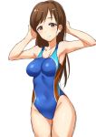  1girl absurdres armpits arms_up bangs bare_shoulders blue_swimsuit blush breasts brown_eyes brown_hair collarbone covered_navel highleg highleg_swimsuit highres hips idolmaster idolmaster_cinderella_girls long_hair medium_breasts nitta_minami one-piece_swimsuit simple_background sketch smile solo swept_bangs swimsuit takeashiro thighs waist white_background 