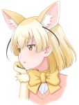  1girl animal_ears blonde_hair bow bowtie brown_eyes extra_ears eyebrows_visible_through_hair fennec_(kemono_friends) fox_ears fur_trim gloves hand_on_own_chin kemono_friends looking_to_the_side pink_sweater short_hair simple_background solo sweater takatsuki_nao white_background yellow_gloves yellow_neckwear 