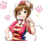  1girl animal_ears bangs blush bow bowtie brown_hair cat_ears cat_tail commentary_request fang feathers green_eyes hair_feathers hand_on_hip hand_up hat idolmaster idolmaster_cinderella_girls maekawa_miku open_mouth paw_pose paw_print ponytail red_shirt shirt short_hair simple_background smile solo sparkle tail takeashiro white_background wrist_cuffs 