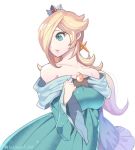  1girl bare_shoulders blonde_hair blush breasts collarbone crown dress earrings hair_over_one_eye jewelry long_hair super_mario_bros. necklace omochi_(glassheart_0u0) rosetta_(mario) solo star star_earrings super_mario_bros. super_mario_galaxy 