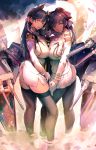  2girls animal_ears atago_(azur_lane) azur_lane bangs black_hair black_legwear bow breast_press breasts brown_eyes commentary_request eyebrows_visible_through_hair from_side garter_straps gloves hair_bow hair_ribbon highres holding holding_sword holding_weapon large_breasts long_hair looking_at_viewer military military_uniform mole mole_under_eye multiple_girls open_mouth pantyhose pleated_skirt ponytail ribbon sabaku_no_tanuki skirt standing swept_bangs sword symmetrical_docking takao_(azur_lane) thigh-highs uniform weapon white_bow white_gloves white_skirt 