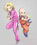 1boy 1girl android_18 black_eyes blonde_hair blue_eyes chocokin dougi dragon_ball dragon_ball_super energy_ball fighting_stance floating grey_background grin husband_and_wife jacket kuririn long_sleeves looking_at_viewer pants short_hair simple_background smile track_jacket track_pants track_suit wristband 