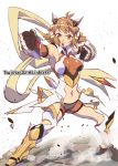  1girl bare_shoulders boots breasts brown_hair clenched_hands commentary_request cracked_floor elbow_gloves fighting_stance full_body gauntlets gloves hair_ornament headgear link_(aa30) looking_at_viewer medium_breasts navel open_mouth orange_eyes scarf senki_zesshou_symphogear shiny shiny_clothes shiny_hair short_hair shorts solo standing tachibana_hibiki_(symphogear) teeth twitter_username 