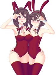  2girls animal_ears aomi_wataru bare_shoulders black_hair blush bow bowtie braid breasts bunny_girl bunnysuit cleavage covered_navel detached_collar fake_animal_ears flat_chest highres kono_subarashii_sekai_ni_shukufuku_wo! large_breasts long_hair looking_at_viewer megumin multiple_girls open_mouth pout rabbit_ears red_eyes standing v wrist_cuffs yunyun_(konosuba) 