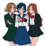  3girls arm_behind_back bishoujo_senshi_sailor_moon blazer blonde_hair blue_eyes blue_hair blue_sailor_collar blue_skirt brown_hair closed_mouth com_(com0107) crossed_arms crossover eyebrows_visible_through_hair feet_out_of_frame glasses green_blazer green_eyes green_jacket green_skirt hairband hands_clasped hands_together highres hououji_fuu jacket long_hair long_sleeves looking_at_viewer magic_knight_rayearth miniskirt mizuno_ami multiple_girls neck_ribbon open_blazer open_jacket own_hands_together parted_bangs pleated_skirt red_bow red_neckwear red_ribbon ribbon round_eyewear round_glasses sailor_collar school_uniform serafuku short_hair simple_background skirt smile standing tanima_yuri wedding_peach white_background white_shirt 