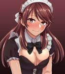  1girl blush bow brave_witches breasts brown_eyes brown_hair cleavage commentary gradient gradient_background hair_bow karibuchi_takami liar_lawyer long_hair looking_at_viewer maid maid_headdress short_sleeves smile solo world_witches_series 