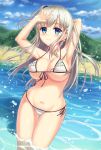  1girl absurdres arm_behind_head arms_up beach bikini blonde_hair blue_eyes blue_sky breasts cleavage clouds cowboy_shot frilled_bikini frills front-tie_top highres large_breasts mountain navel ocean one_side_up original scenery side-tie_bikini sky smile solo swimsuit water white_bikini yurina 