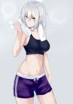  1girl alternate_costume bangs bare_arms bare_shoulders breasts closed_mouth collarbone cowboy_shot fate/grand_order fate_(series) hair_between_eyes jeanne_d&#039;arc_(alter)_(fate) jeanne_d&#039;arc_(fate)_(all) looking_at_viewer medium_breasts navel short_hair shorts silver_hair solo stomach tank_top towel towel_around_neck yami_kyon_oov yellow_eyes 