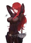  1girl airisubaka arms_behind_head arms_up black_bodysuit bodysuit closed_mouth cowboy_shot hair_over_one_eye kirijou_mitsuru long_hair looking_at_viewer persona persona_3 rapier redhead smile solo sword weapon 