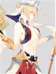  1girl artoria_pendragon_(all) blonde_hair blush breasts cleavage cropped earrings fate/grand_order fate_(series) gilgamesh gilgamesh_(caster)_(fate) green_eyes jewelry midriff navel open_clothes open_vest saber sideboob solo vest 
