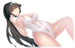  1girl azur_lane black_hair bow breasts bump_(bump321) casual_one-piece_swimsuit criss-cross_halter hair_flaps halterneck large_breasts long_hair looking_at_viewer lying navel one-piece_swimsuit ponytail simple_background solo swimsuit takao_(azur_lane) white_background white_bow white_swimsuit yellow_eyes 