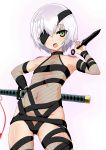  1girl armpits assassin_of_black bare_shoulders black_ribbon breasts cosplay cowboy_shot eyepatch fate/grand_order fate_(series) fishnets gluteal_fold green_eyes katana kunai mochizuki_chiyome_(fate/grand_order) navel ribbon robisonjr scar sheath sheathed short_hair silver_hair skindentation small_breasts solo sword tattoo weapon 