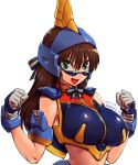  1girl :d amania_orz armpit_peek barzam blush breasts brown_hair crop_top gloves green_eyes gundam hair_between_eyes helm helmet large_breasts long_hair looking_at_viewer open_mouth personification smile solo sunglasses upper_body v-shaped_eyebrows white_gloves 