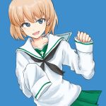  1girl bangs black_neckwear blonde_hair blouse blue_background blue_eyes commentary_request eyebrows_visible_through_hair fang girls_und_panzer green_skirt katyusha long_sleeves looking_at_viewer miniskirt mutsu_(layergreen) neckerchief ooarai_school_uniform open_mouth oversized_clothes pleated_skirt school_uniform serafuku short_hair simple_background skirt sleeves_past_wrists smile solo standing upper_body white_blouse 