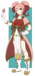  1girl absurdres adricarra artist_name boots breastplate brown_eyes capelet cross-laced_footwear dress fire fire_emblem fire_emblem_echoes:_mou_hitori_no_eiyuuou full_body gloves hair_rings hand_on_hip highres looking_at_viewer mae_(fire_emblem) one_eye_closed pelvic_curtain pink_hair short_hair simple_background smile solo standing twintails white_gloves 