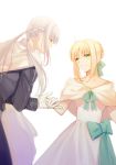  1boy 1girl :d ahoge artoria_pendragon_(all) bedivere blonde_hair bow braid capelet cherry_(10013717) dress fate/grand_order fate_(series) french_braid gloves green_eyes grin hand_holding long_hair long_sleeves open_mouth saber short_hair sidelocks silver_hair smile tiara twintails white_dress white_gloves 