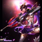 1girl alternate_costume black_neckwear breasts capelet center_opening character_name choker cleavage elbow_gloves gloves gun head_mounted_display holding holding_gun holding_weapon large_breasts liang_xing long_hair magical_girl mahou_shoujo_madoka_magica overwatch patreon_username ponytail purple_hair rifle skirt solo star starry_background thigh-highs watermark weapon web_address white_gloves white_legwear widowmaker_(overwatch) yellow_eyes 