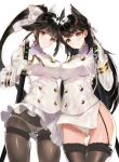  2girls absurdres aiguillette animal_ears asymmetrical_docking atago_(azur_lane) azur_lane bangs black_hair black_legwear blunt_bangs blush breast_press breasts closed_mouth crotch_seam double-breasted eyebrows_visible_through_hair garter_straps gloves gluteal_fold highres hitaki_yuu large_breasts long_sleeves looking_at_viewer military military_uniform miniskirt multiple_girls panties panties_under_pantyhose pantyhose pantyshot pantyshot_(standing) parted_lips pleated_skirt ponytail sheath sheathed shiny shiny_hair side_slit sidelocks simple_background skirt smile standing sword takao_(azur_lane) thighband_pantyhose thighs underwear uniform upskirt weapon white_background white_gloves white_skirt yellow_eyes 