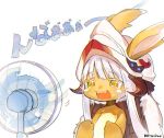  1girl :3 :d animal_ears atsumi_jun bangs blunt_bangs catchphrase ears_through_headwear electric_fan eyebrows_visible_through_hair furry hat horizontal_pupils horns long_hair made_in_abyss nanachi_(made_in_abyss) open_mouth paws signature silver_hair smile solo topless upper_body whiskers yellow_eyes 