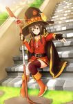  1girl absurdres bandage bandaged_leg belt black_cape black_gloves black_hair black_legwear brown_footwear cape collar day dress fingerless_gloves gloves grass hat highres holding holding_staff kono_subarashii_sekai_ni_shukufuku_wo! megumin mismatched_legwear outdoors red_dress red_eyes short_hair_with_long_locks single_thighhigh sitting solo sparkle staff stairs thigh-highs witch_hat 