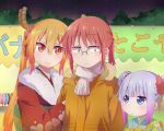  3girls blush closed_mouth dragon_girl eyebrows_visible_through_hair glasses highres kanna_kamui kobayashi-san_chi_no_maidragon kobayashi_(maidragon) kukie-nyan long_hair looking_at_another multicolored_hair multiple_girls orange_hair parted_lips ponytail purple_hair red_eyes redhead short_hair short_ponytail silver_hair smile tooru_(maidragon) twintails two-tone_hair 