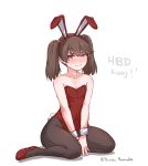  1girl animal_ears annoyed artist_name bare_shoulders black_legwear brown_eyes brown_hair bunny_tail bunnysuit commentary disco_brando fake_animal_ears full_body highres kantai_collection looking_at_viewer pantyhose rabbit_ears ryuujou_(kantai_collection) simple_background sitting solo tail twintails twitter_username v_arms white_background wrist_cuffs 