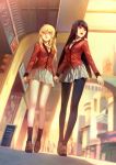  2girls absurdres arms_at_sides bare_legs black_hair black_legwear black_neckwear blonde_hair blurry blurry_background bolo_tie breasts collared_shirt commentary day dutch_angle from_below hair_ribbon hand_grab hand_holding highres hime_cut jabami_yumeko kakegurui loafers long_hair looking_away medium_breasts multiple_girls open_mouth outdoors pantyhose parted_lips pleated_skirt red_blazer red_eyes ribbon saotome_meari school_uniform shade shirt shoes shopping_district sidewalk skirt smile socks storefront sunlight thumb_ring two_side_up very_long_hair walking white_shirt white_skirt yellow_eyes yuri zema_haru 
